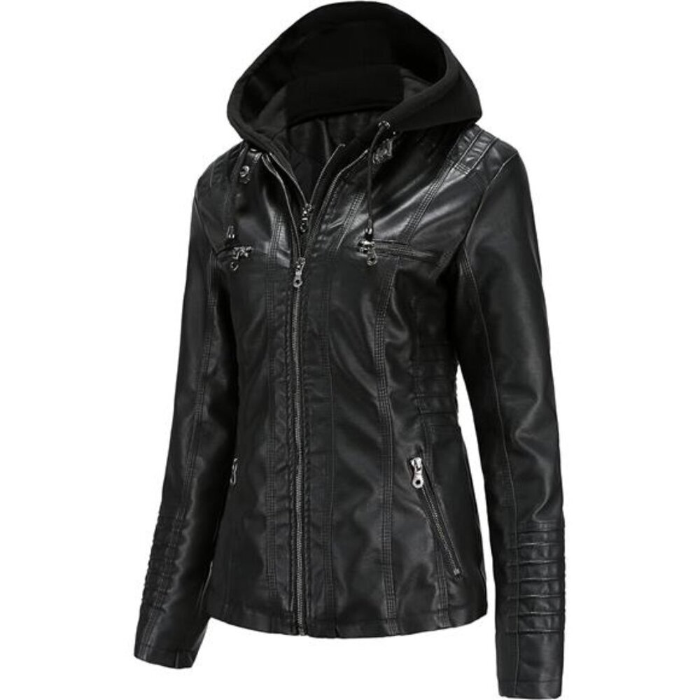 Faux Leather Jacket Women Motorcycle Coat for Biker Removable Hood Plus Size